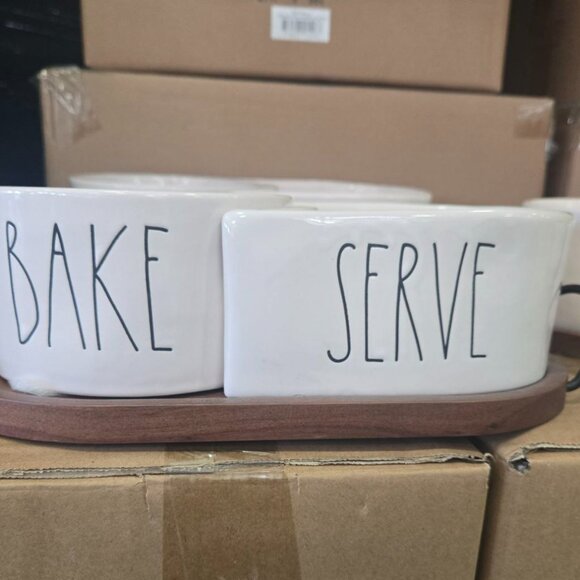 RAE DUNN by Magenta BAKE & SERVE Ceramic Baking Dish Set with wood tray - Picture 2 of 3